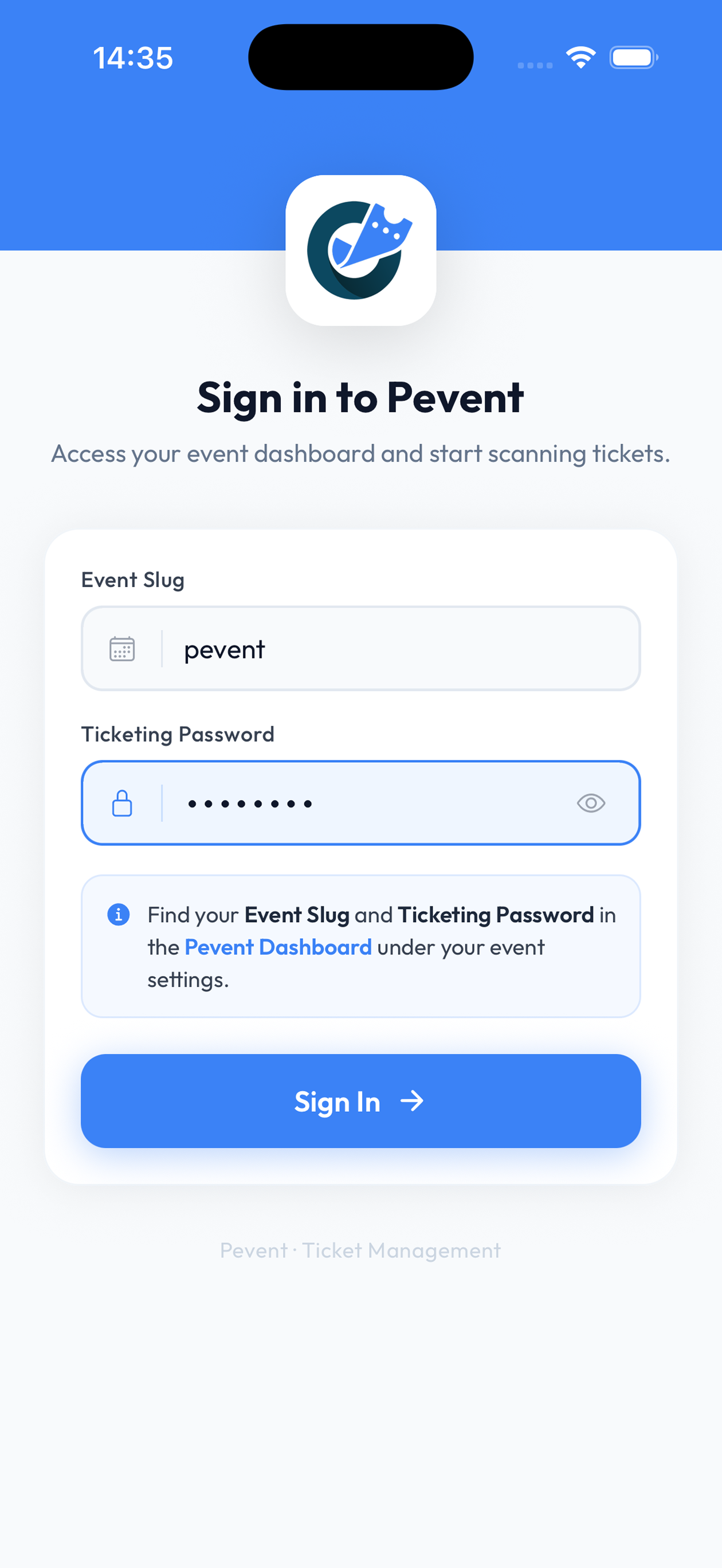 Sign in screen asking for event slug and ticketing password