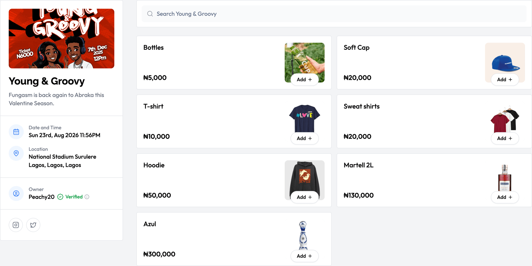 A Pevent shop page listing a cap, a t-shirt and two bottles, each with a price and an Add button
